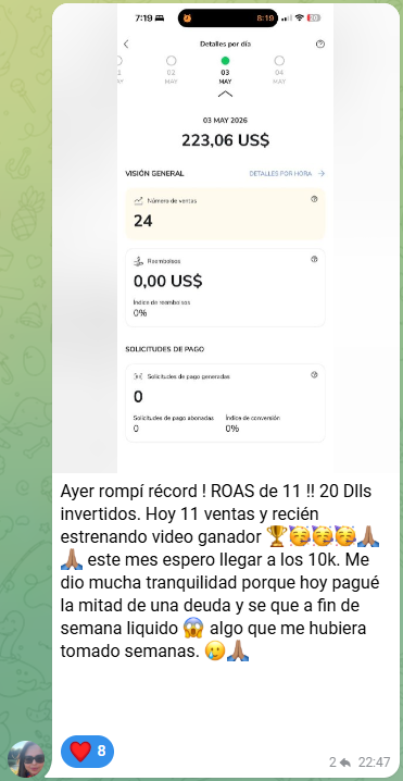 Testimonio real de ROAS x11 · 24 ventas en el día
